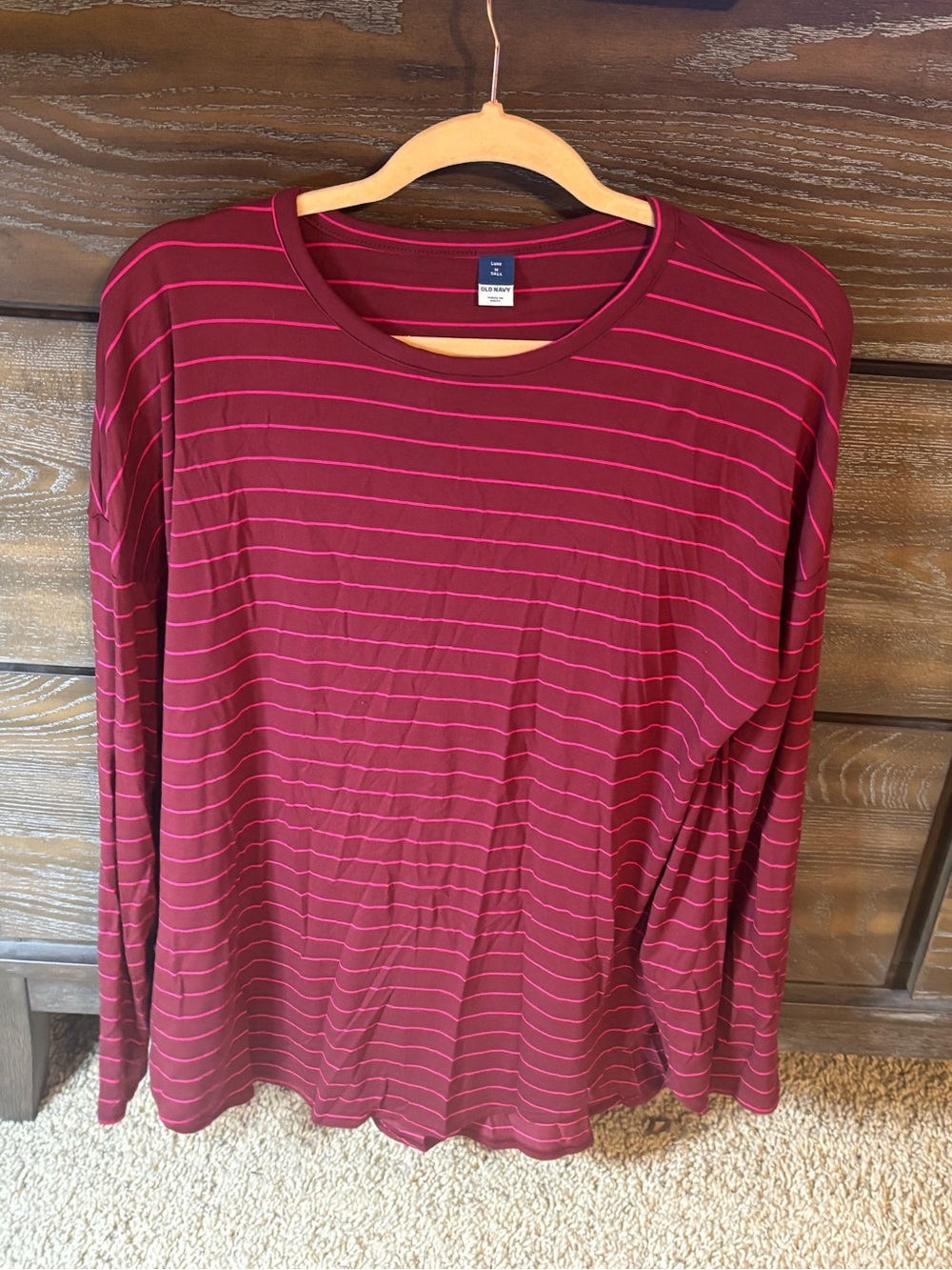Old Navy Maroon M Tall Long Sleeve Crewneck with Pink Stripes